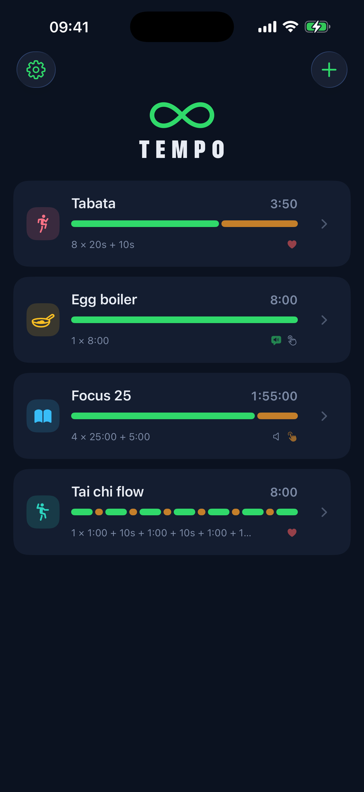 Tempo library on iPhone: Tabata, Egg boiler, Focus 25 and Tai chi flow timers, each with its icon, interval bar and cue indicators.