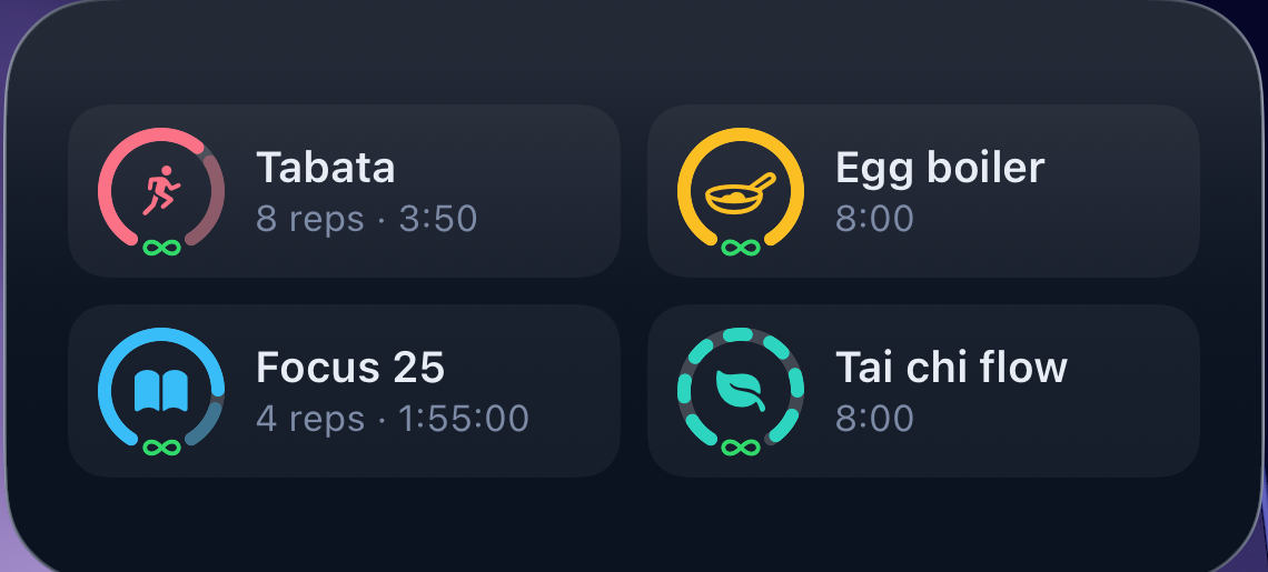 The medium Tempo Home Screen widget: four timers in a grid - Tabata, Egg boiler, Focus 25 and Tai chi flow, each with its ring and icon.