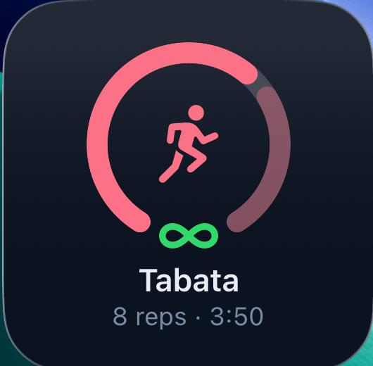 The small Tempo Home Screen widget: Tabata's coral progress ring and runner icon, 8 reps, 3:50.